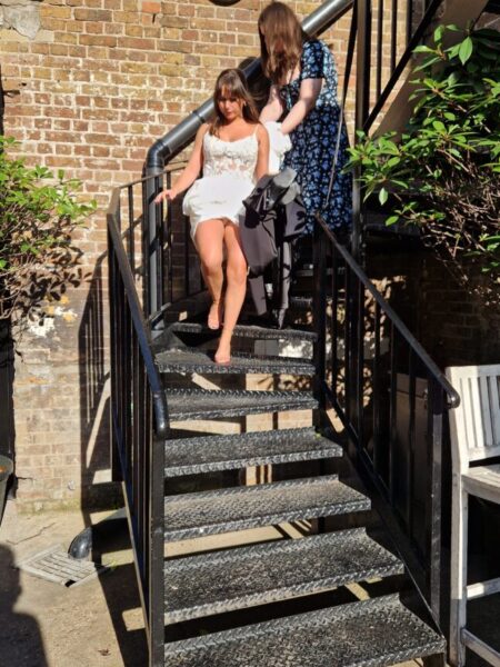 Sabrina at the TV Studios where Love is Blind was shot on her wedding dress