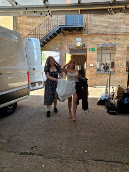 Sabrina at the TV Studios where Love is Blind was shot on her wedding dress